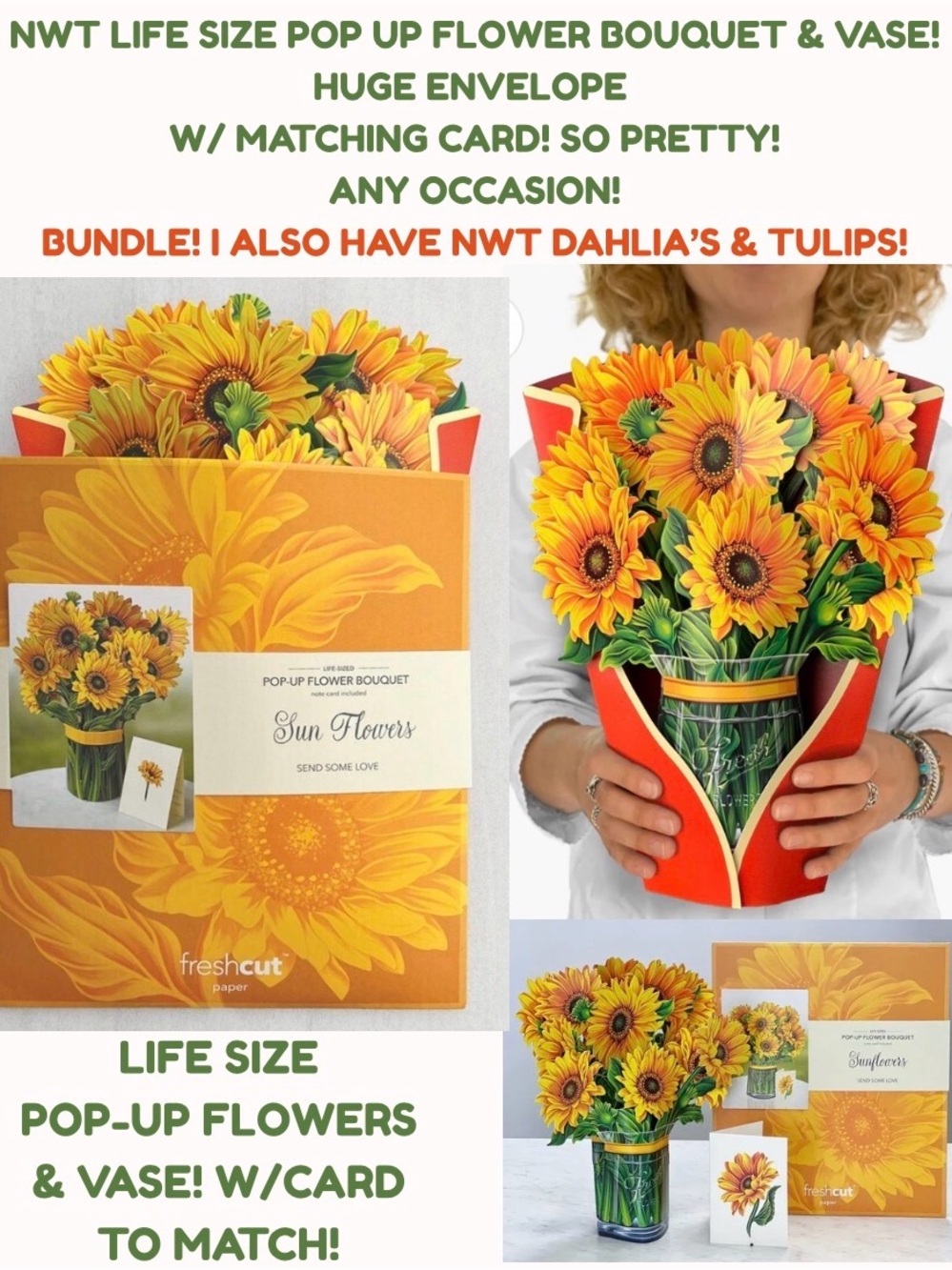 NWT VAN GOGH INSPIRED LIFE LIKE SUNFLOWER POP-UP BOUQUET & VASE W/ CARD 2 MATCH